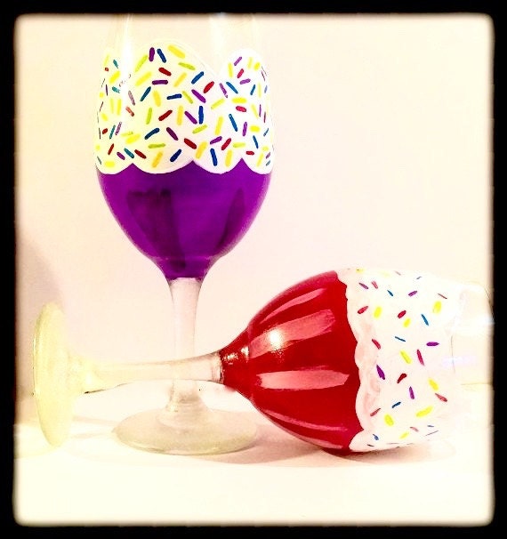 Items similar to Hand Painted Wine Glasses, Birthday Wine Glasses
