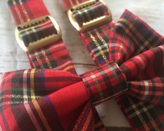 Christmas Bow Tie and Suspender Set | red tartan plaid Suspenders | Christmas plaid suspenders | red suspenders | red plaid bow tie