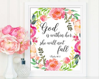 Psalm 46:5, God Is Within Her She Will Not Fall, Christian Decor, Christian Wall Art, Bible Verse Print, Christian Gifts, Scripture Art