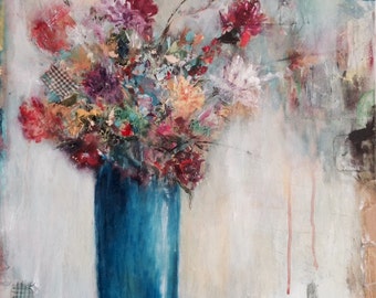 Original Abstract Acrylic Painting On canvas, Blue Vase With Colorful Flowers, Modern Textured Painting, Mixed Media Flowers