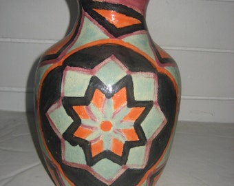 10 1/2" Blue/Orange/Purple/Black, Center Flower Ceramic/Pottery Vase