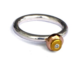 TRI COLOR Gold Ring, Sterling Silver and Gold Engagement Ring with Diamond, Tricolor Ring, Silver and Gold Ring, Alternative Engagement Ring