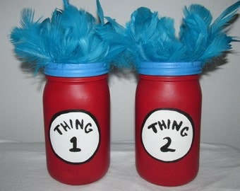 Hand-painted Dr. Seuss inspired Thing 1 and Thing 2 Mason Jar Piggy Banks, set of 2