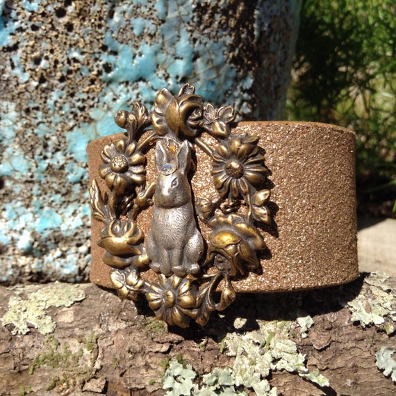 Vintage Rabbit Brooch Leather Cuff Bracelet Jeweled Leather
