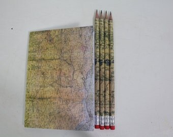 A6 notebook and pencil set, stationery, stocking filler, vintage map,