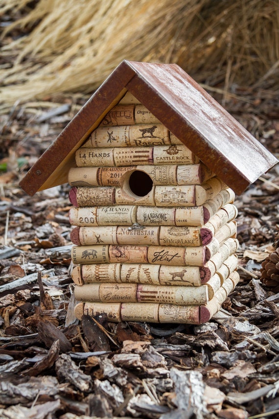 Recycled Wine Cork Birdhouse with Vintage key and Rustic