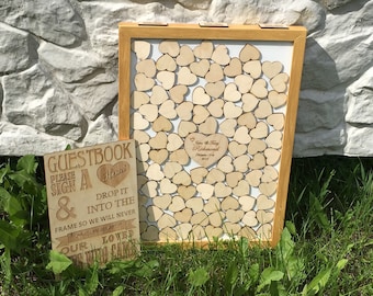 Wedding GUEST BOOK ALTERNATIVE Wedding Guest Book With Guest Sign, Drop Box 3D Frame, Drop in Top Wooden Hearts, Shadow Box, Golden Frame