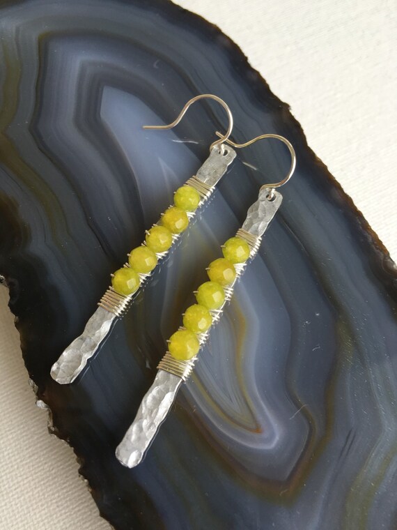 Hammered Aluminum Stick Dangle Earrings Wire Wrapped with