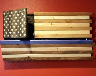 Gun Concealment Rustic Thin Blue Line American Flag Cabinet, DUAL LOCKING DOORS!