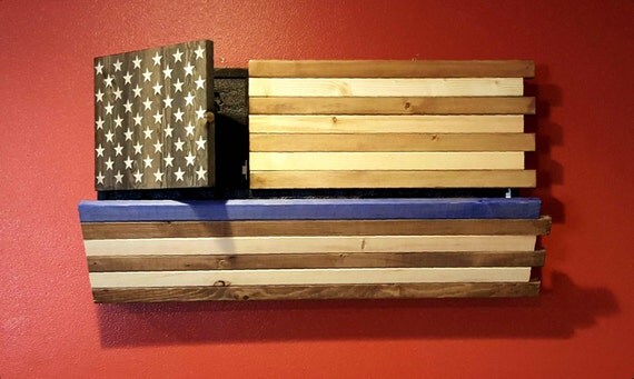 Gun Concealment Thin Blue Line American Flag Cabinet, DUAL LOCKING 
