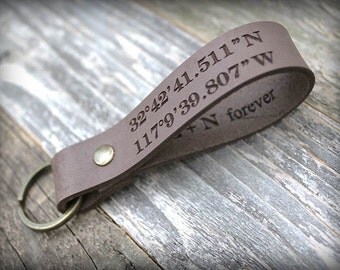 Coordinate Leather Keychain - Father's Day Gift - Custom Latitude Longitude Key Fob - GPS Keyring - Anniversary Gift - Custom Text Keychain