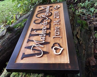 Wood marriage sign with established date. Last name wall decor and 5th anniversary sign by LittleRiverWoodcraft.