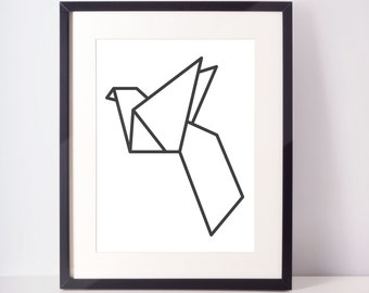Origami Bird Print, Black and White, Digital Print, Geometric, Modern, Wall Decor, Wall Art, Home Decor, Office Decor