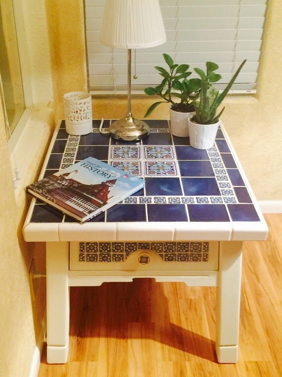 Side table with Mexican tile talavera by THEsecondchanceArt