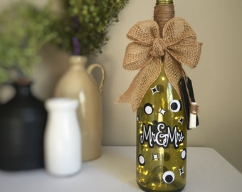 Mr&Mrs/Wine Bottle Light/Black White/Fairy Lights/ Battery Operated/Recycled Glass Bottle/Couples Gift/Wedding Gift/Wine Lovers Gift