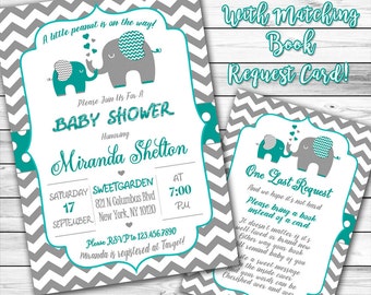 Elephant Baby Shower Invitation, Teal and Gray Elephant Baby Shower Invitation, Gender Neutral Baby Shower, Little Peanut, Book instead