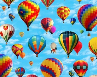 NEW Hot Air Balloon Fabric: Hot Air Balloon In Motion 406 Blue by Elizabeth Studio 100% cotton Fabric by the yard 36"x44" (ES33)