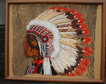 Vintage Crewel Embroidery, Native American Art,Cheyenne Chief