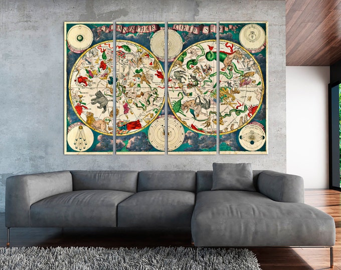 Vintage Celestial Map, Antique Celestial Map 17th century, Ancient Star Map, Star Chart Map Wall Art, Celestial Hemisphere Map Canvas Print