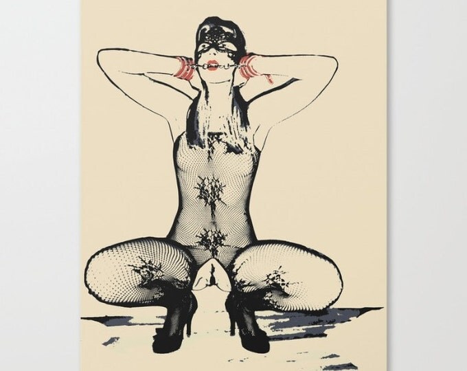 Erotic Art Canvas Print - Dirty bondage posing, unique, sexy conte style drawing, girl in bodystocking sketch sensual high quality artwork