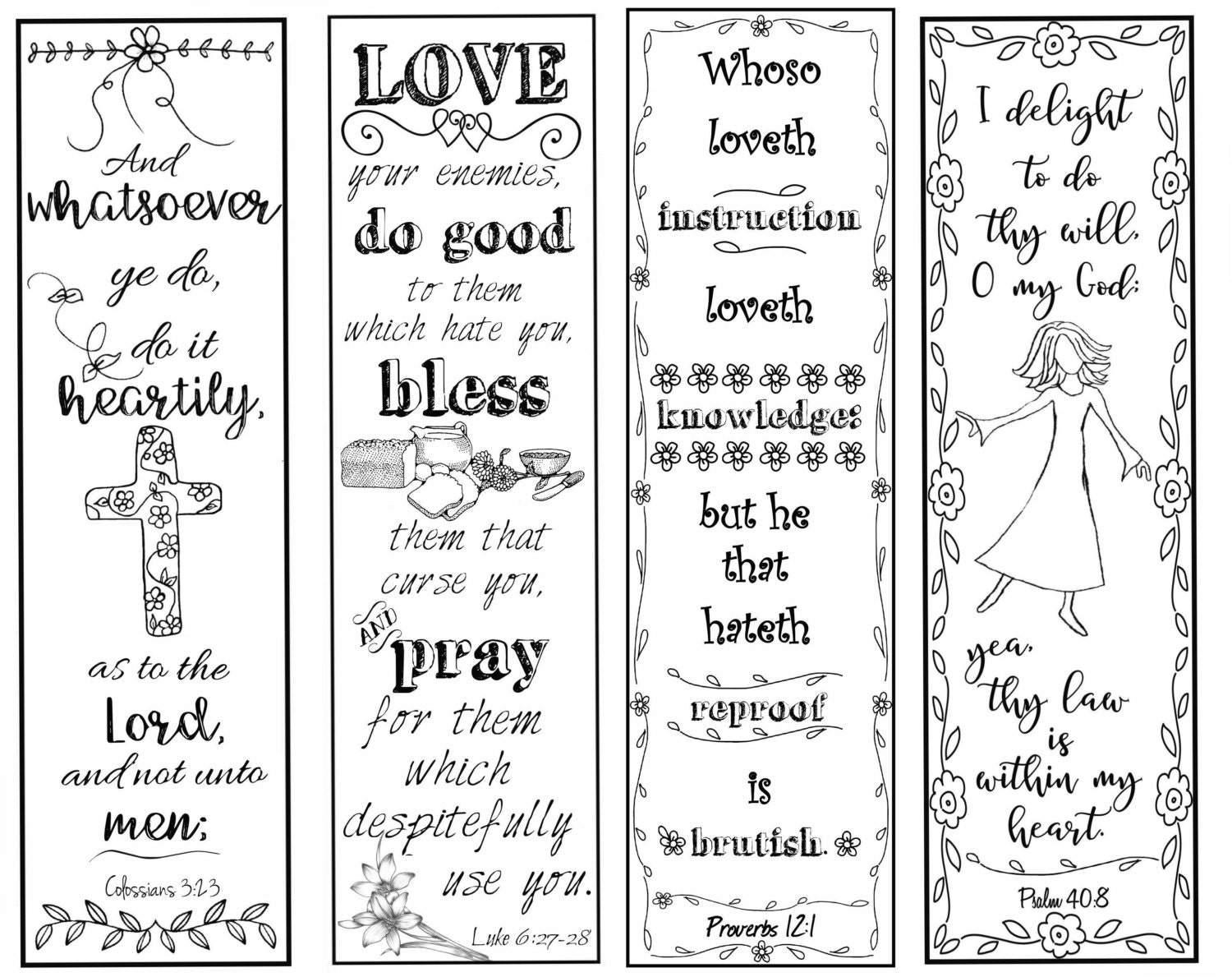 Bible Verse Bookmarks on the Christian Life B/W Color Your Own