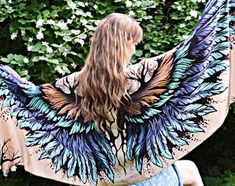 A silk scarf turquoise, scarf Wings Shawl, Abstract Scarf Large, Pareo Feather, Women Shawl wings, elven clothes, Printed, Mother's Day Gift