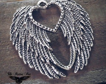 Large Angel Wings Pendant Heart Angel Wing Pendant Ornate Wing Pendant 45mm 1.77" Charms By the Piece