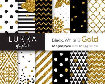 Black, white and gold glitter digital paper pack; sparkling digital paper; dots, stripes, chevron, flowers, triangles, quatrefoil