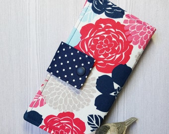 Pink Navy floral Womans wallet, handmade bifold wallet, fabric clutch wallet, women's wallet, card wallet, checkbook wallet, gift idea