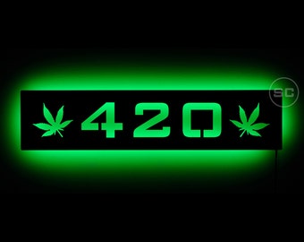 Lighted 420 Pot Leaf Sign - Marijuana and Ganja Leaf Sign - Bright Green for your Smoke or Grow Room