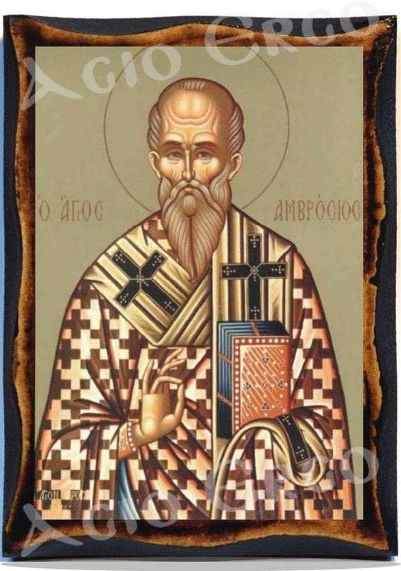 Saint Ambrose Greek Orthodox Byzantine Christian Icon on Wood