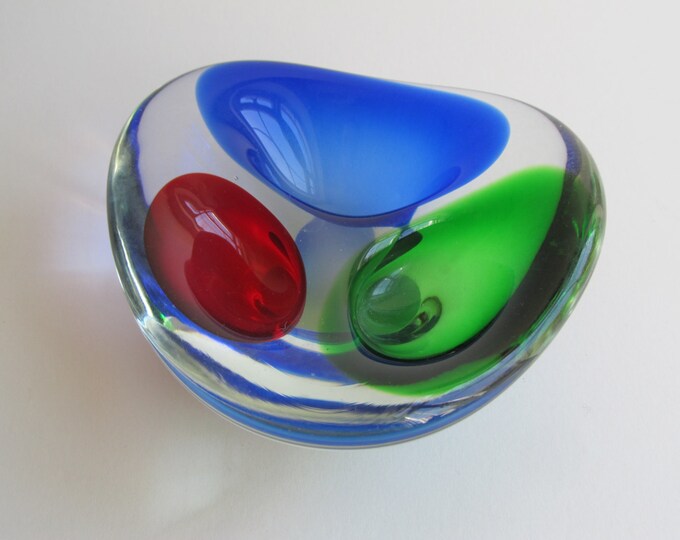 Murano glass dish, vintage Italian mid-century multi coloured home decor accent piece, coloured art glass, green red blue