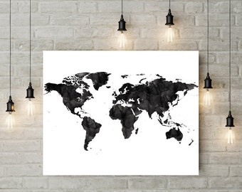 World map black watercolor print Large Travel map Large world map Gift painting Home Decor World map poster Wall art World Map Art black