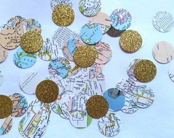 World Atlas Map Circle Confetti• Travel themed party• Bridal shower• Wedding decor• Vintage map confetti•