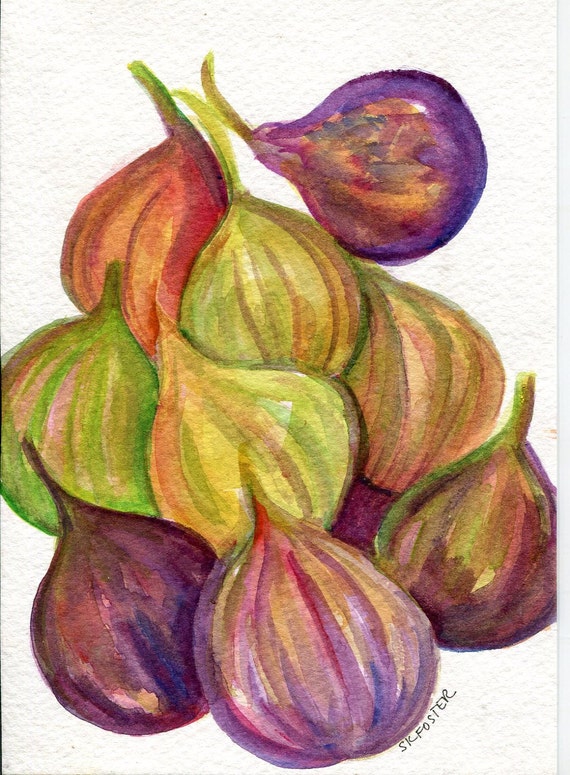 Fig Watercolor Painting original Small Fruit Artwork. Kitchen