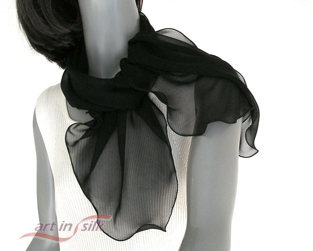 Small Black Scarf Sheer Scarf Silk Chiffon Black Neck