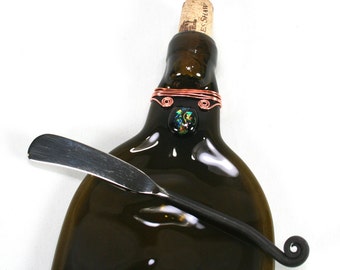Dark Amber Wine Bottle Serving Tray with Dichroic Glass and Wire Wrap and Cork and Spreader - Recycled Eco-Friendly