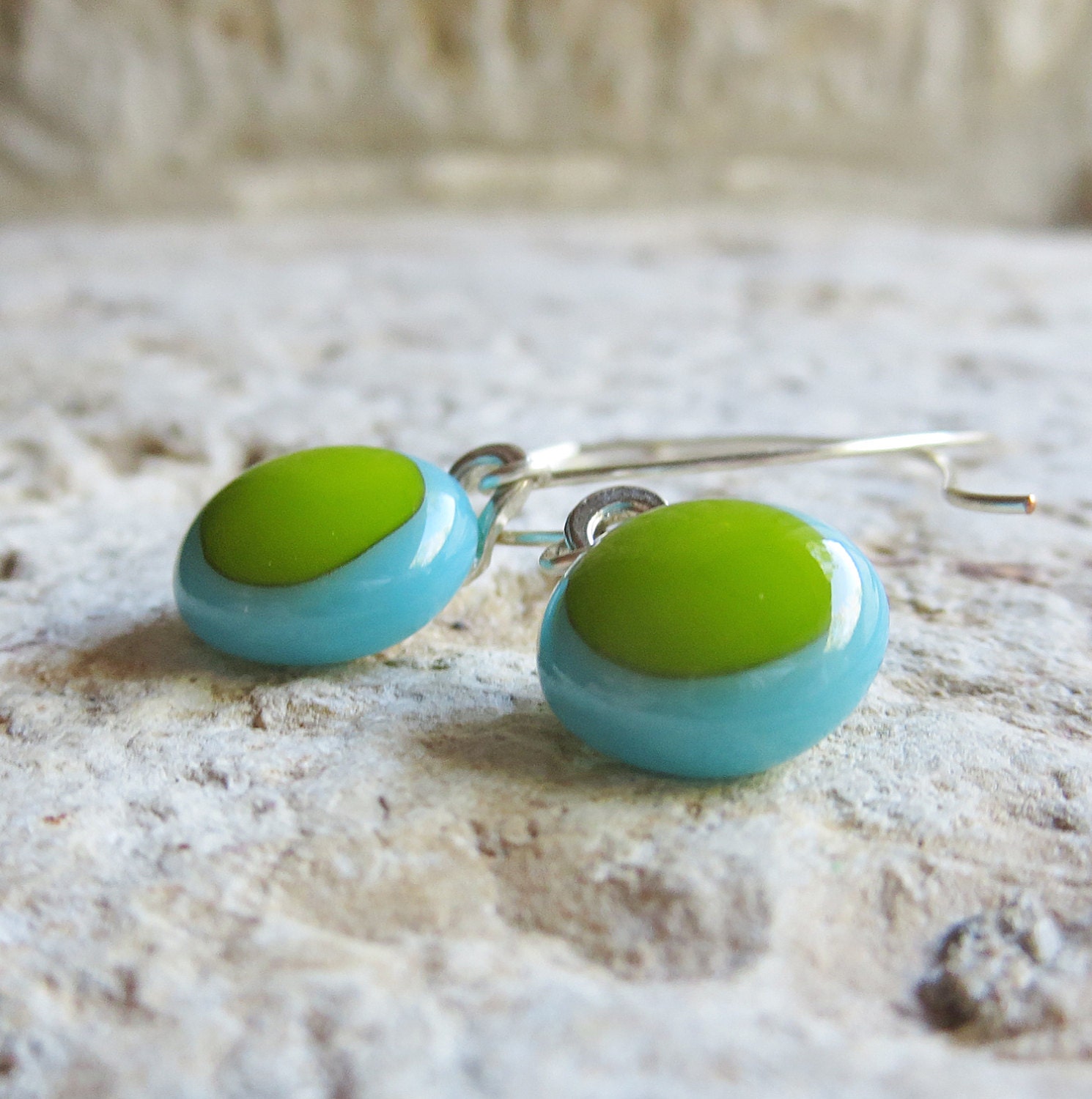 Pretty Fused Glass Earrings in turquoise and green Handmade
