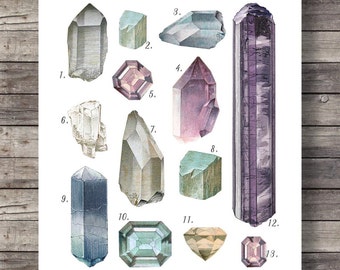 Vintage Gemstones and Minerals art print | Watercolor gemstones and crystals | Hand painted semi precious stones | geology decor Printable