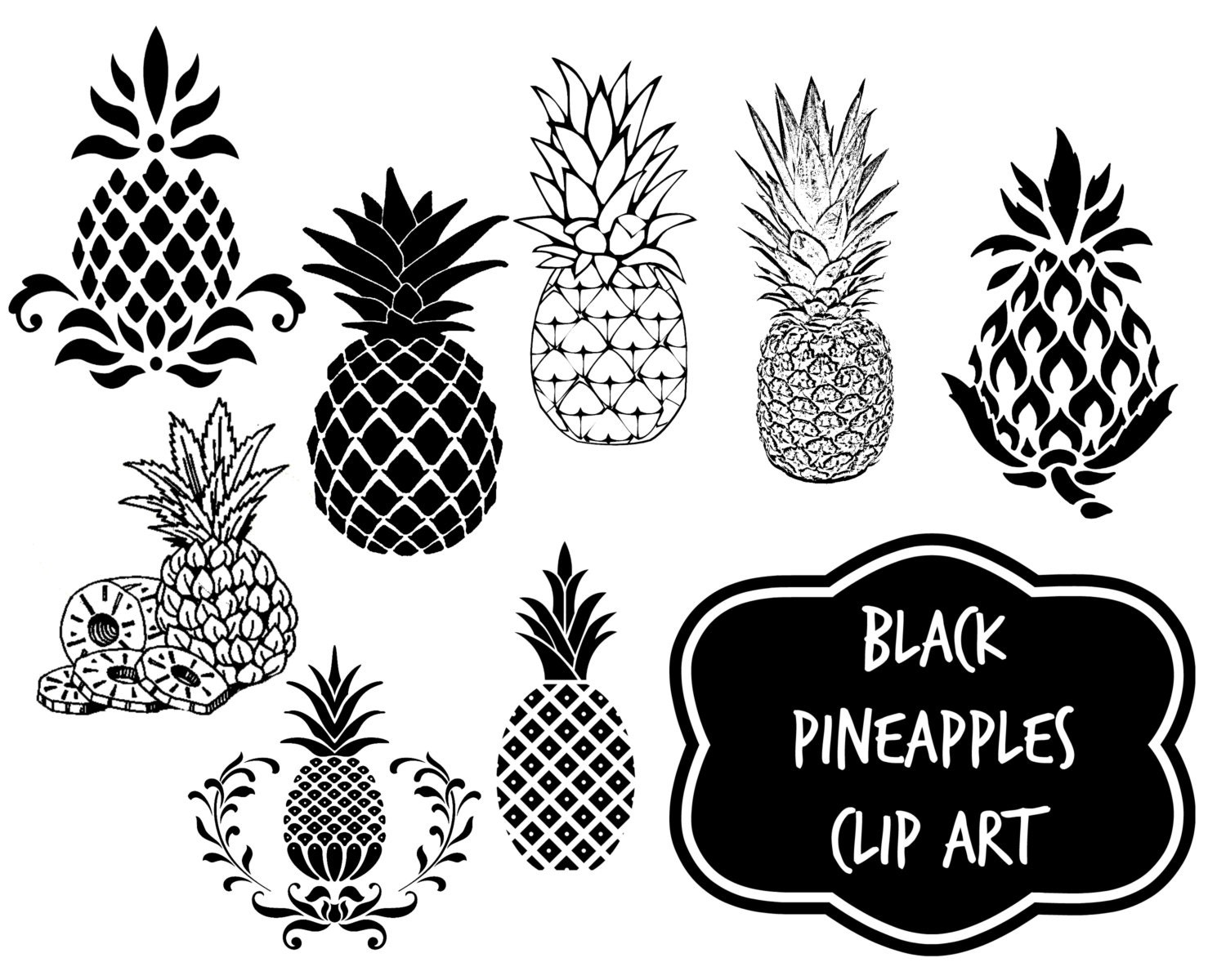 Black graphic pineapples - Instant download digital clip ...