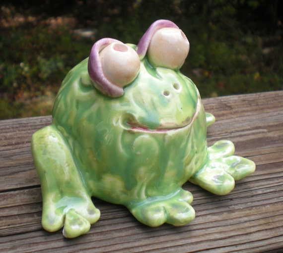 Hand sculpted Lime Green Ceramic Garden Frog with Purple eye