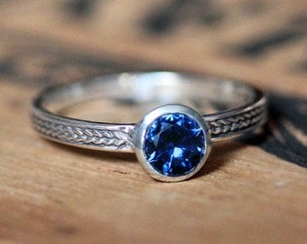 Sapphire ring silver, blue sapphire ring, september birthstone ring, saphire ring, wheat ring, braided ring, imitation sapphire, custom made