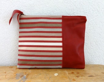 Leather Clutch in Red Italian Leather and European Red Stripe Canvas - Indie Patchwork Series
