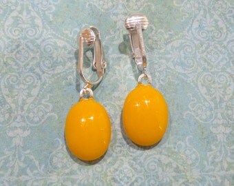 Tangerine Orange Earrings, Clip On Earrings, Dangle Clip Earings, Fused Glass Jewelry, Halloween - Tangerine--6