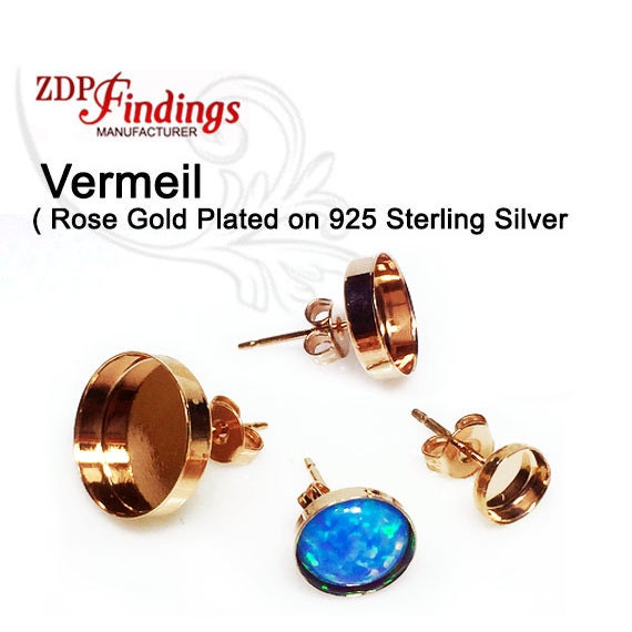 10pcs x Round Vermeil Bezel Earring Cups Shiny Rose Gold Plated on 925 Sterling Silver (61000SHRPV)