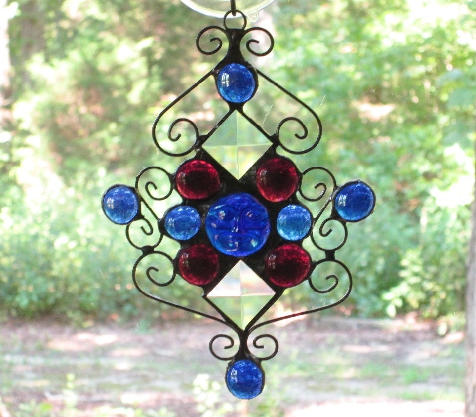 Stained Glass Suncatcher Blue Iridescent Sun Face Jewel with