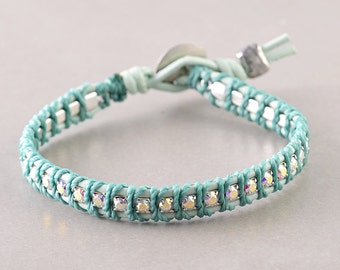 Wrap Bracelet, Swarovski Crystal Leather Bracelet, Aqua Leather Bracelet