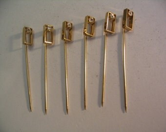 6 Vintage Stick Pins Rectangle with Crystal Jewelry Supplies