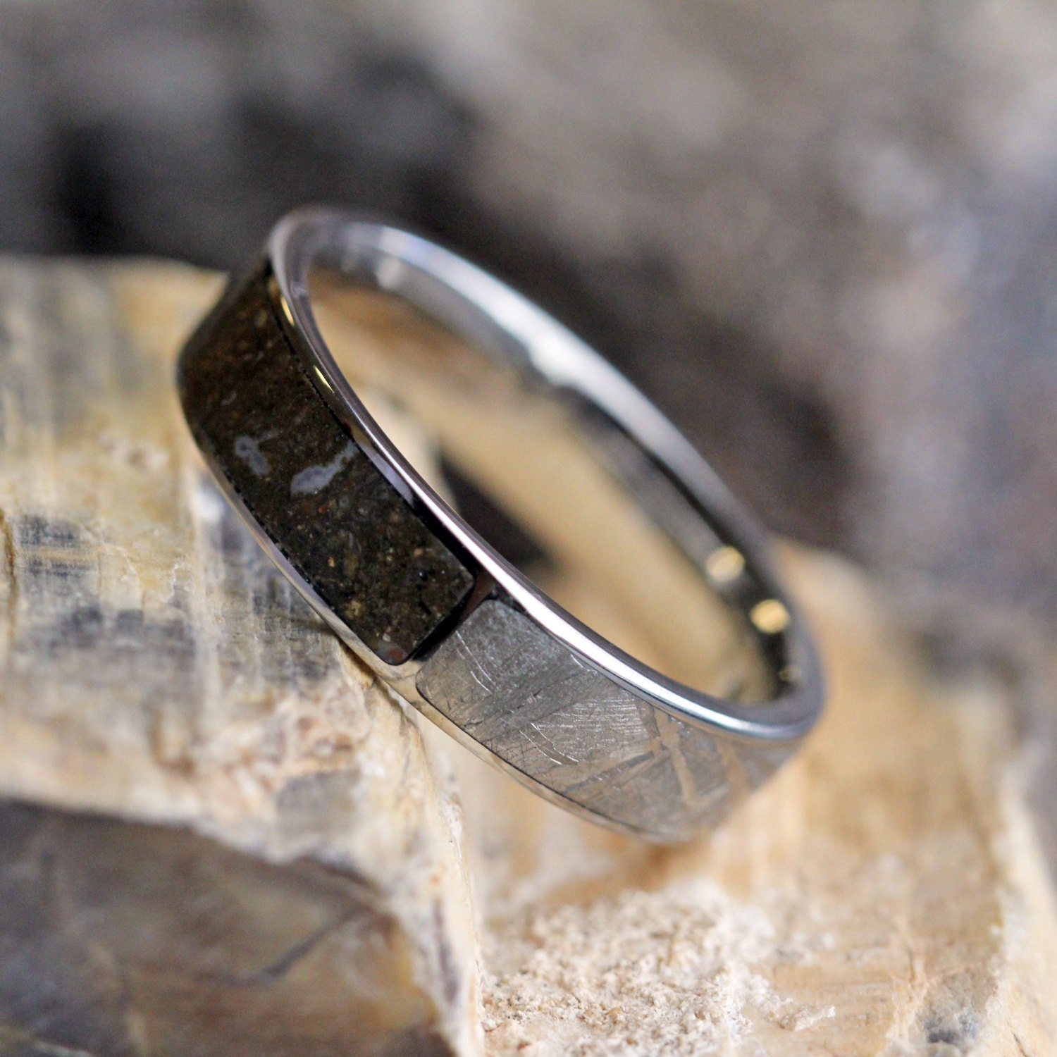 Meteorite and Dinosaur Bone Ring Unique Wedding Band with