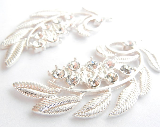 Pair of Bright Silver-tone Leaf Drops Charms Rhinestone Accented